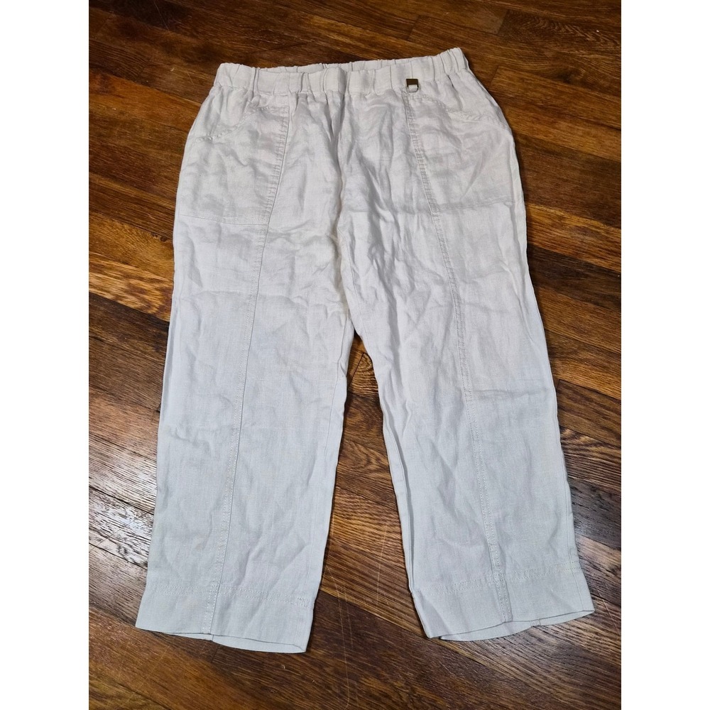 Ellen Tracy Linen Crop Pants Womens Medium Oatmeal Beige Elastic Waist Straight